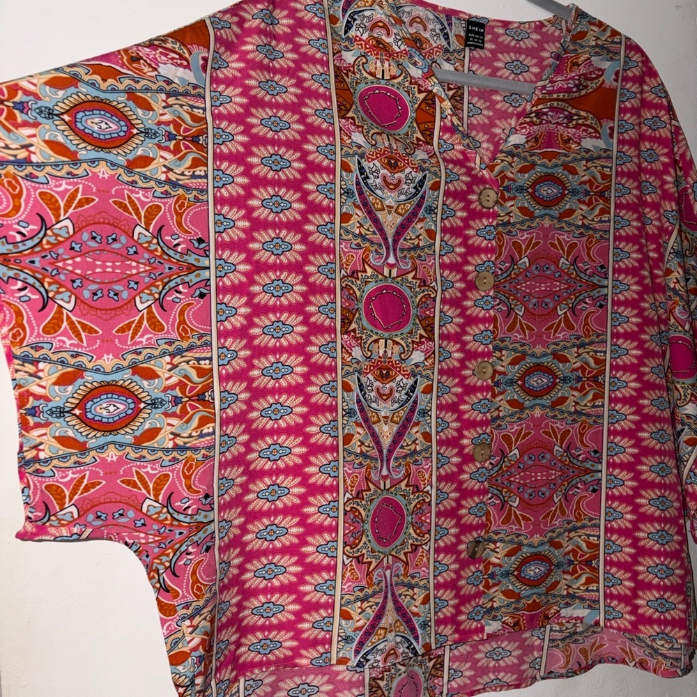 SHEIN Pink and Blue Patterned Blouse - Picture 2 of 4